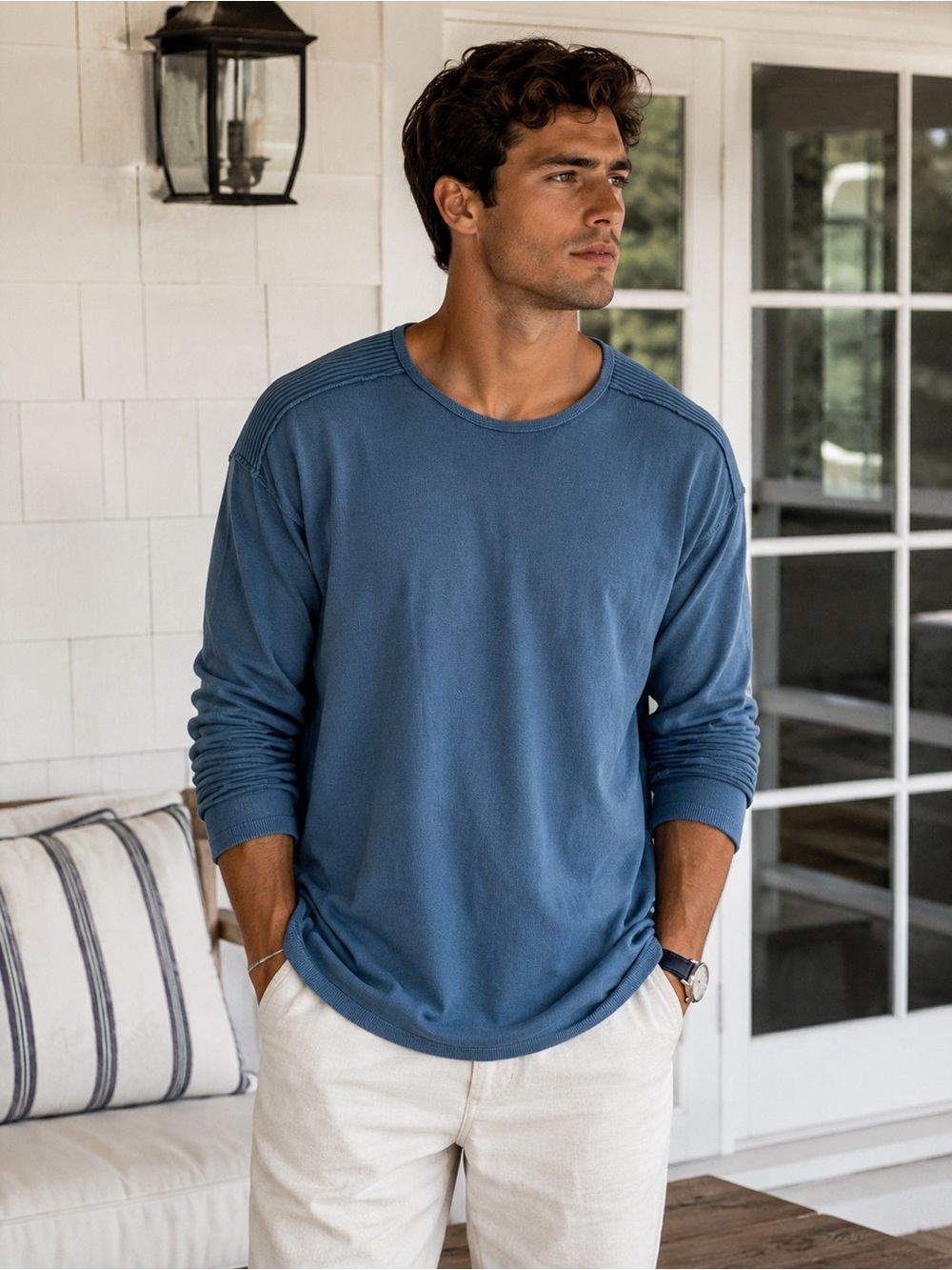 John Varvatos USA Blue Cotton Crewneck Sweater Elbow Patches XL Coastal Designer